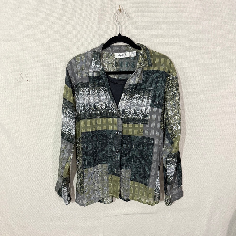 Selene‎ Sport Womens Small Patchwork Sheer Button Up Shirt Green Gray Metallic